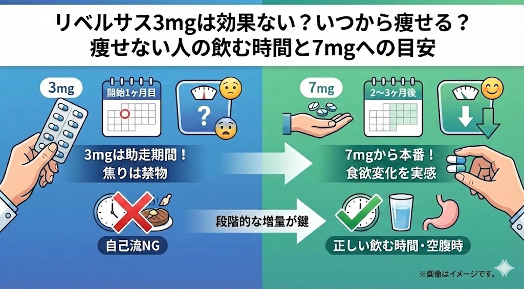リベルサス3mgは効果ない?いつから痩せる?痩せない人の飲む時間と7mgへの目安
