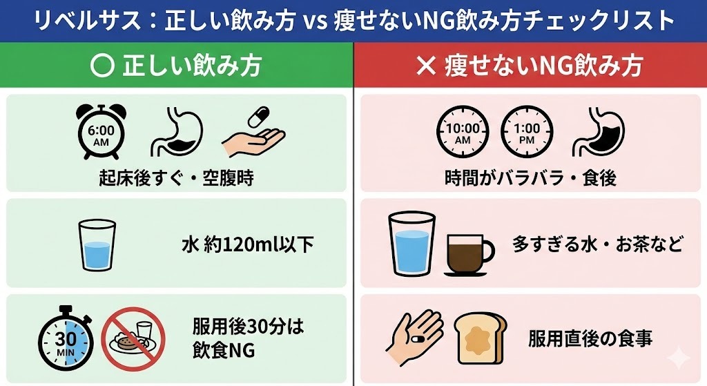 リベルサスの正しい飲み方と痩せないNGな飲み方の比較チェックリスト。正しい方法は「起床後すぐ空腹時」「水約120ml以下」「服用後30分は飲食NG」。NGな方法は「時間がバラバラ・食後」「多すぎる水・お茶など」「服用直後の食事」。
