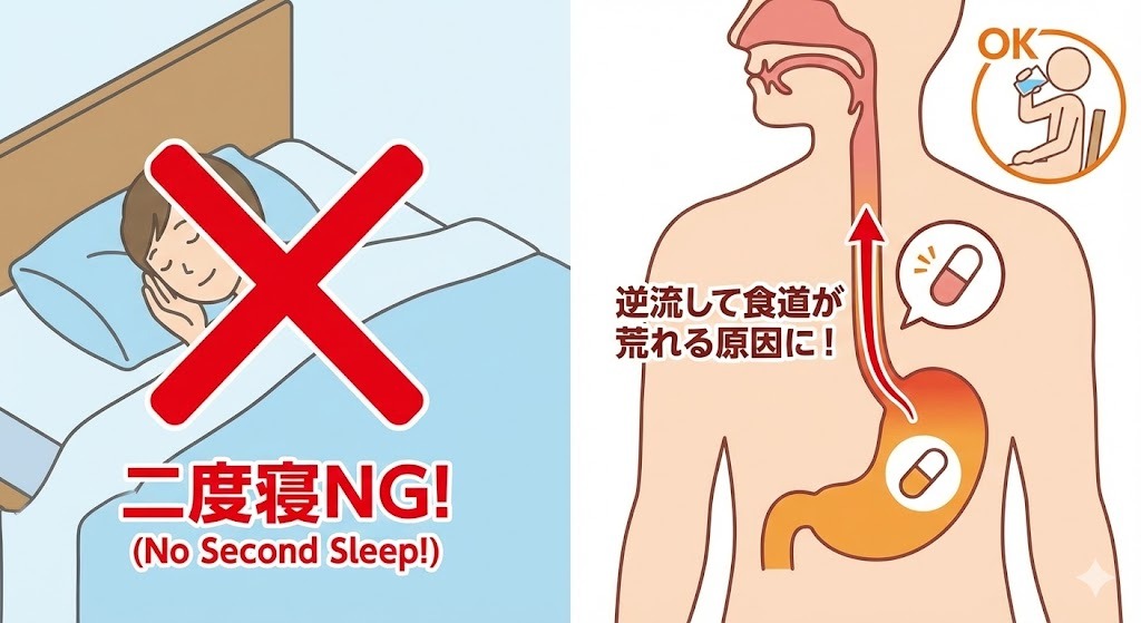 リベルサス服用後の二度寝がNGな理由を示すイラスト。寝てしまうと胃から食道へ薬が逆流し、食道が荒れる原因になることを警告。正しい姿勢は座って飲むこと。