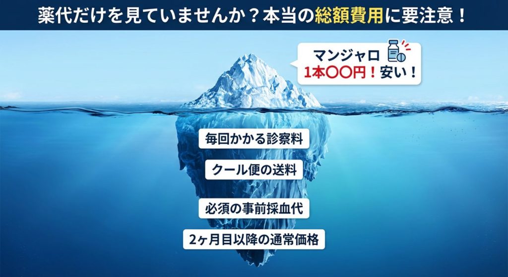 マンジャロの薬代以外にかかる診察料や送料の罠を示す氷山モデルの図解