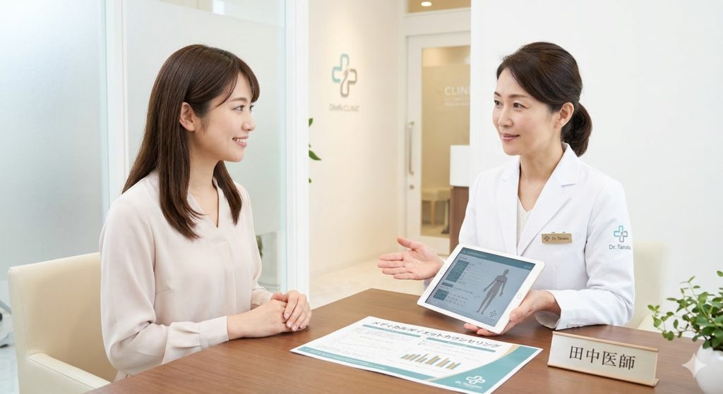清潔感のある美容クリニックで、医師が患者に対してタブレットを用いて丁寧にカウンセリングを行っている様子