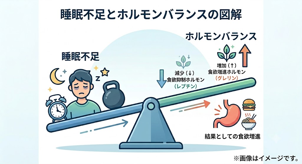 睡眠不足によって食欲抑制ホルモンが減少し、食欲増進ホルモンが増加するホルモンバランスの乱れを示したシーソーの図解