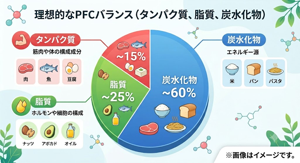 リバウンド防止に理想的なPFCバランス（炭水化物約60%、脂質約25%、タンパク質約15%）と各栄養素の食材例を示した円グラフ