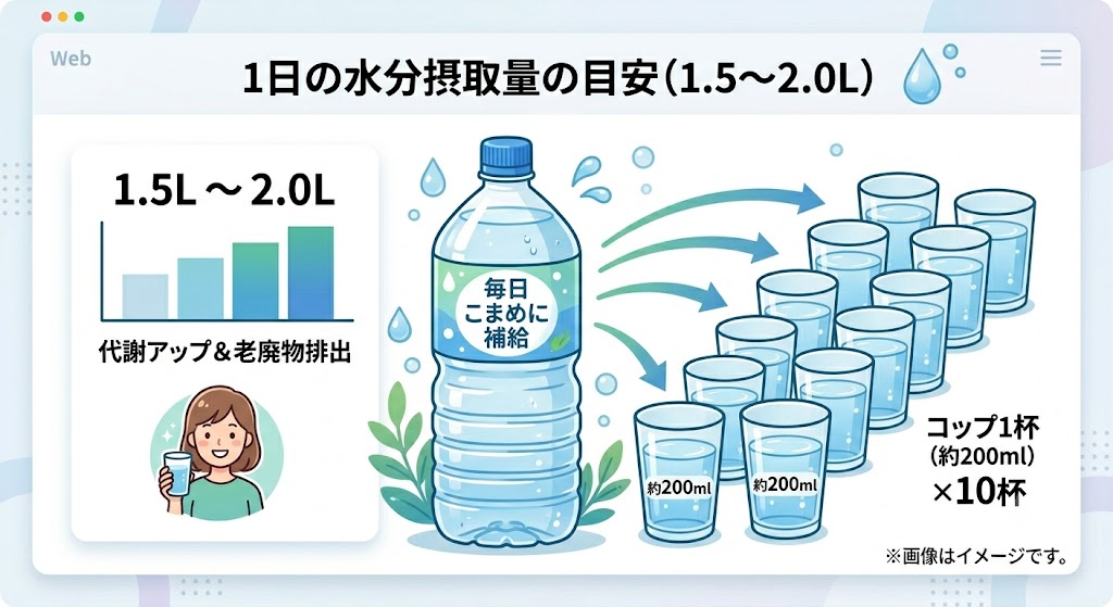 代謝アップや老廃物排出のために必要な1日の水分摂取量の目安（1.5L〜2.0L）をこまめに補給するイメージ図