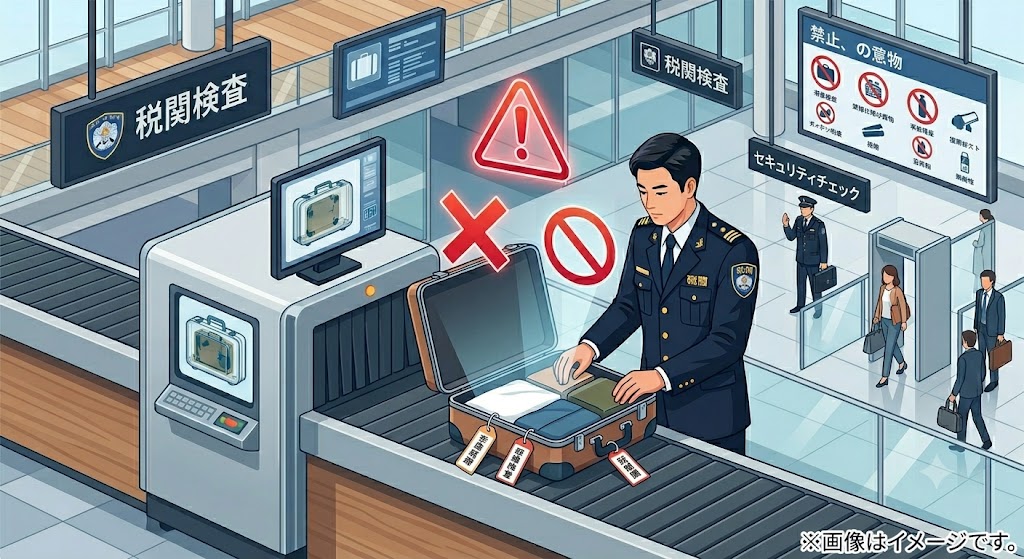 日本の空港の税関検査場にて、制服を着た男性職員がスーツケースを厳重に点検している。スーツケースの上には、脈動する赤い三角の警告マーク、大きな「×」マーク、進入禁止マークが浮かんでおり、偽造品や問題のあるアイテムの没収を示唆している。背景には日本語で「税関検査」「禁止物品」の看板があり、他の旅行者や職員も描かれている。右下には「※画像はイメージです。」と記載されている。
