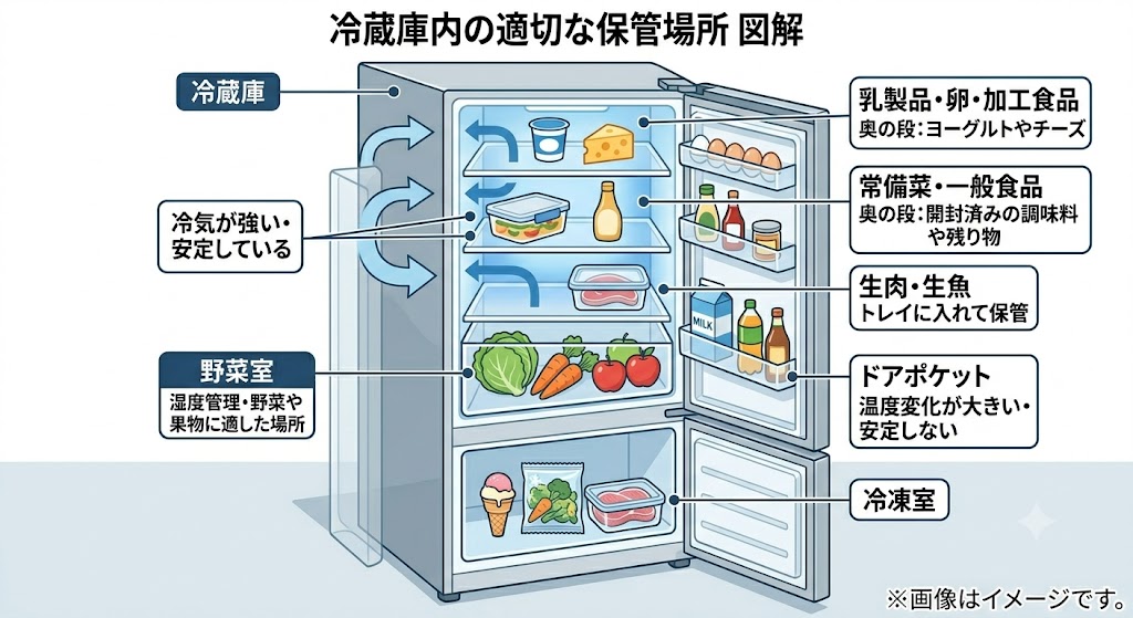 家庭用冷蔵庫の内部を等尺性ビューで描いた、日本語の図解イラスト。各棚とドアポケットが、マンジャロ等の薬剤の保管に適しているかどうかに基づいて色分けされ、ラベル付けされている。奥の棚（「奥の段」）は「冷気が強い・安定している」として青色で示され、推奨されている。ドアポケットは「温度変化が大きい・安定しない」として赤色で示されている。冷蔵庫全体に冷気の流れを示す矢印があり、右下には「※画像はイメージです。」と記載されている。