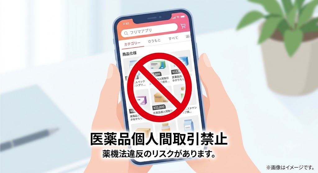 スマートフォンのフリマアプリ画面を背景に、大きな赤い「禁止」マーク（円に斜線）を前面に描いた、日本語のイラスト。画面上部には日本語の「フリマアプリ」と「カテゴリー」のテキストがあり、禁止マークの下には大きな赤いテキストで「医薬品個人間取引禁止」と「薬機法違反のリスクがあります。」と記載されている。スマートフォンの画面自体が禁止されていることを視覚的に伝えている。右下には「※画像はイメージです。」と記載されている。