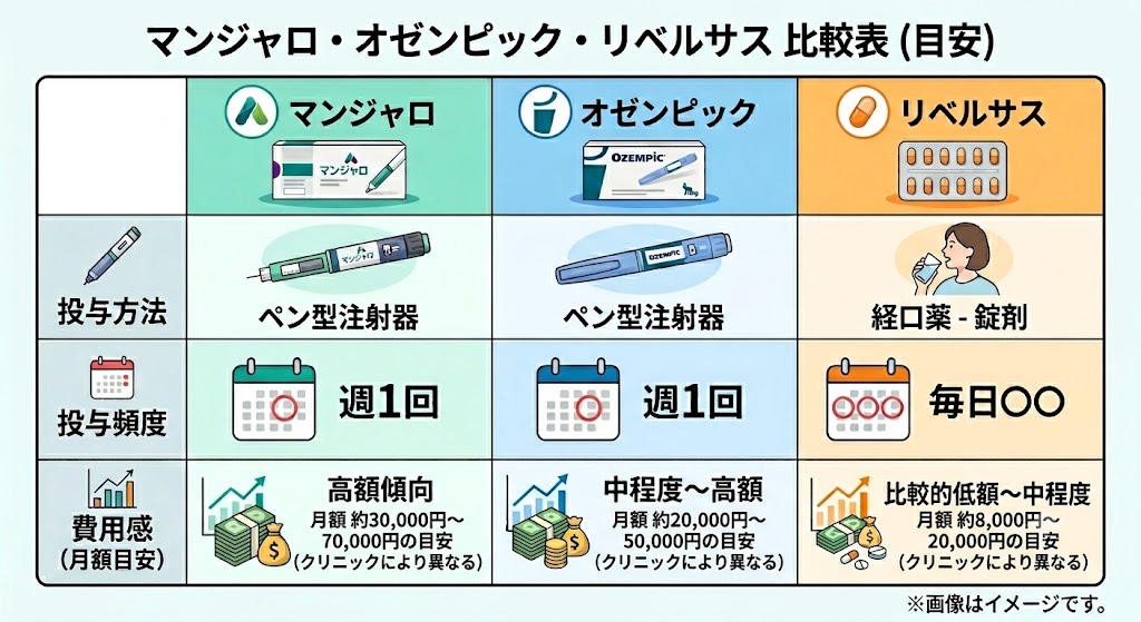 マンジャロ、オゼンピック、リベルサスの3つのメディカルダイエット薬について、投与方法（注射・経口）、投与頻度、月額費用感の目安をまとめた比較表