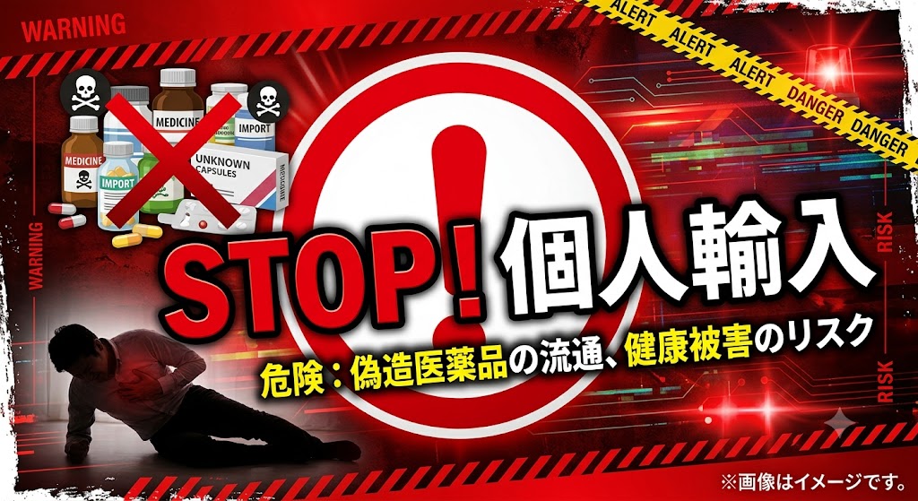偽造医薬品の流通や健康被害のリスクを警告する、マンジャロ等の個人輸入・非正規ルートでの入手防止を呼びかける注意喚起バナー