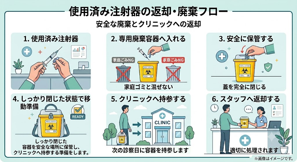 マンジャロの使用済み注射器を専用廃棄容器に入れ、家庭ゴミと混ぜずに安全に保管し、次回の診察時にクリニックへ持参・返却するまでの6つの手順を示したフローチャート図