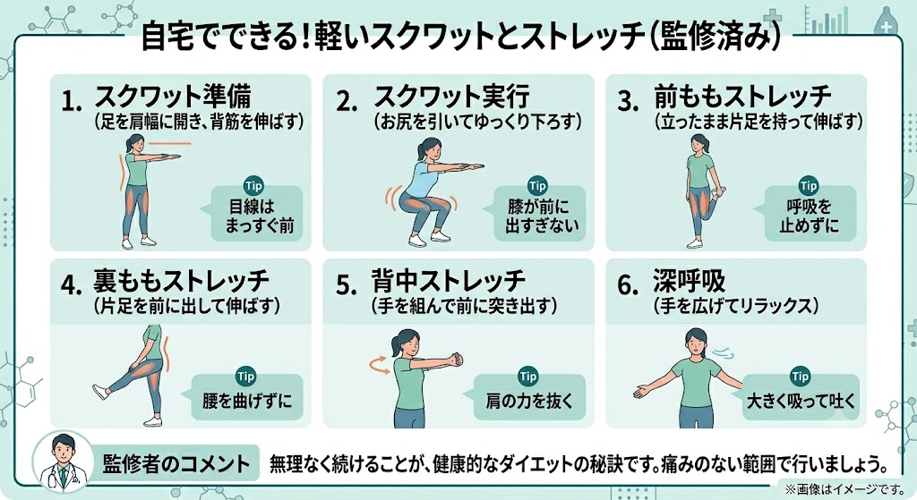 メディカルダイエット中のたるみ防止やリバウンド対策として自宅でできる、軽いスクワットや前もも・裏もも・背中のストレッチ、深呼吸の方法を6つのステップで解説したイラスト