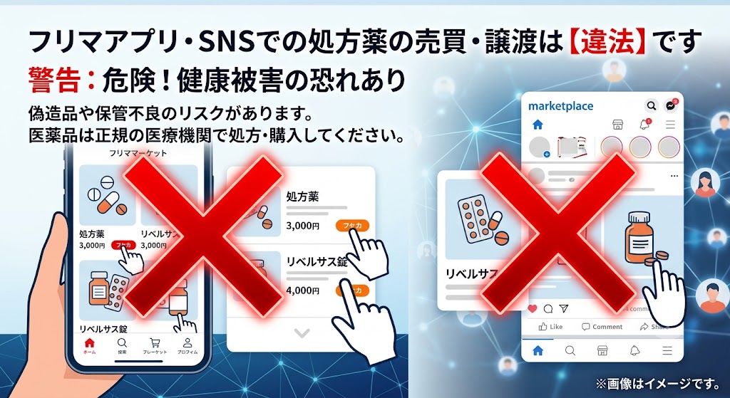 フリマアプリやSNSでの処方薬の売買・譲渡は違法であることを示す警告画像