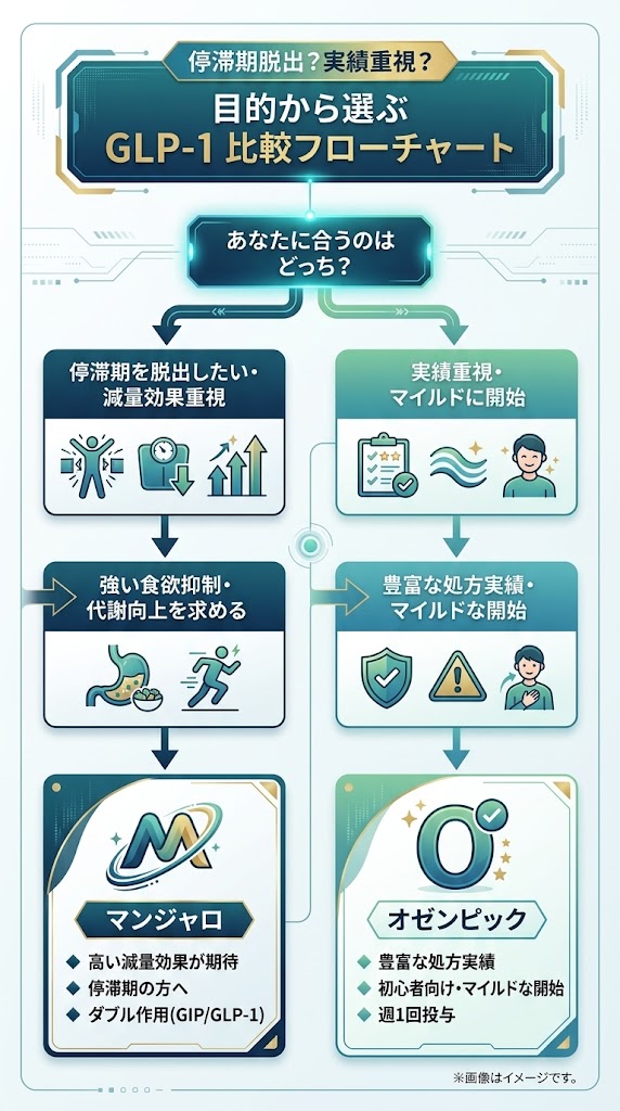 停滞期脱出・減量効果重視(マンジャロ)か実績重視・マイルド(オゼンピック)かを選ぶ比較フローチャート