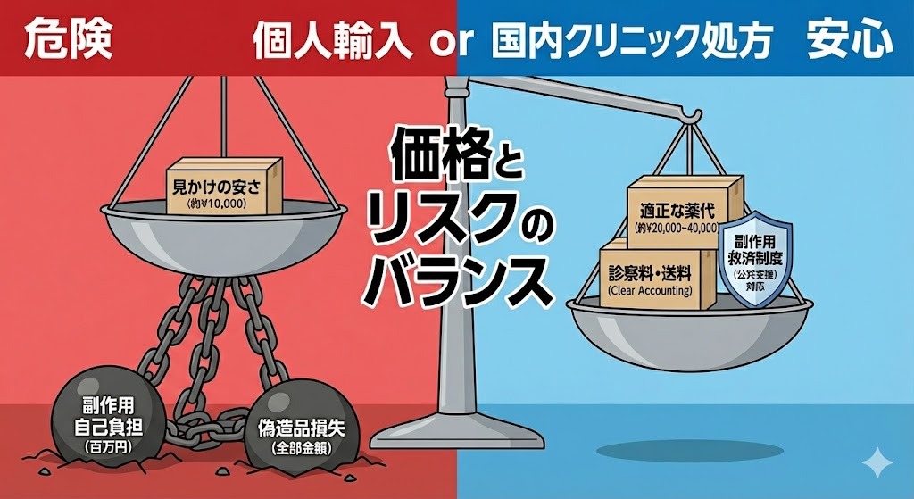 個人輸入の金銭的リスクと国内クリニック処方の安全性を天秤で比較したインフォグラフィック。左側は「見かけの安さ」の下に「副作用自己負担」と「偽造品損失」という巨大なリスクがあり、右側は「適正な薬代」と「副作用救済制度」による安心感が示されている。