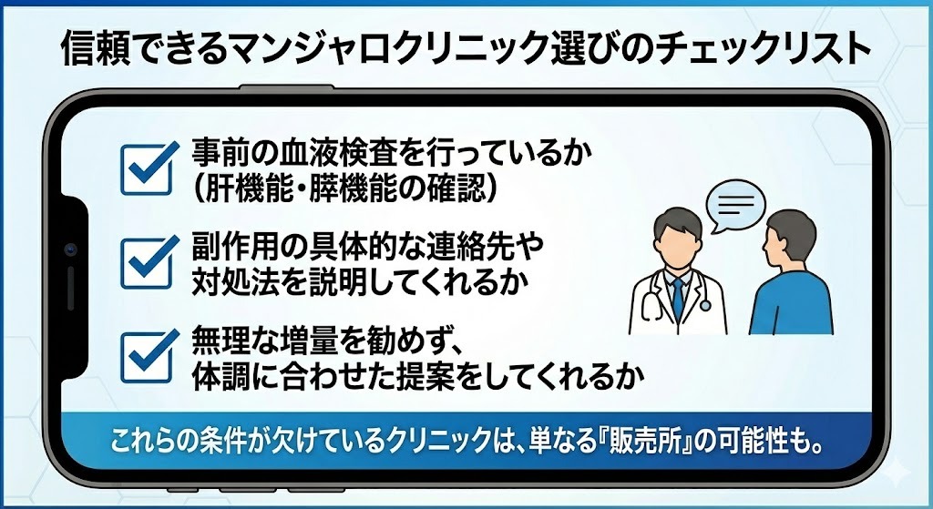 信頼できるマンジャロクリニックを選ぶための3つのチェックリスト（事前の血液検査、副作用の具体的な対処法説明、体調に合わせた提案）。これらの条件を満たさないクリニックは「販売所」の可能性も。