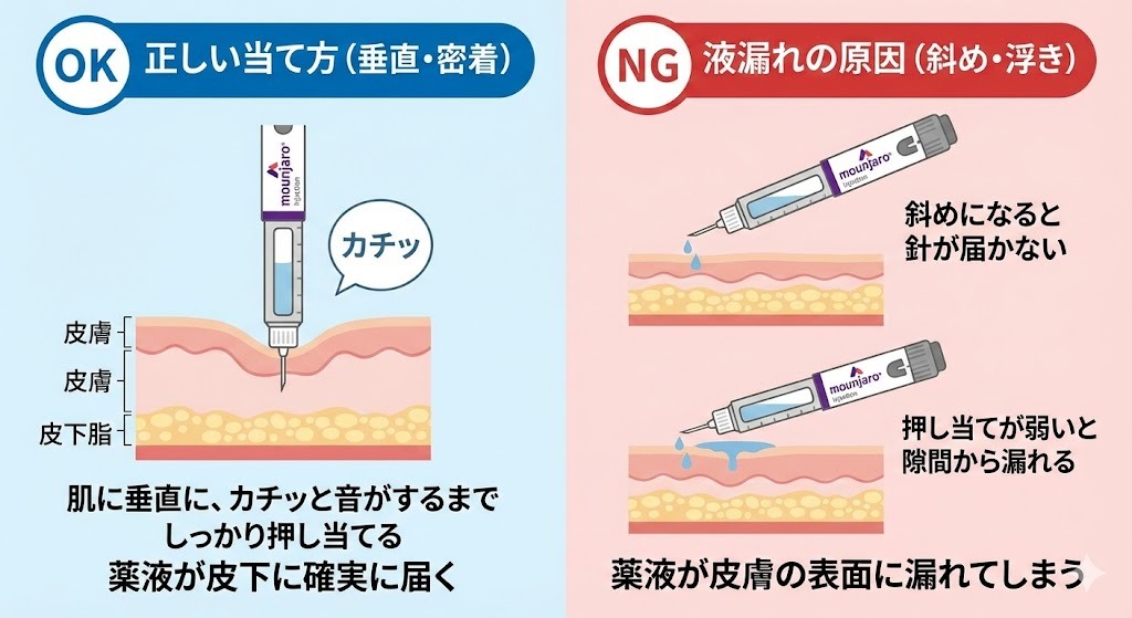 マンジャロ皮下注射ペンの正しい当て方（垂直に密着）と液漏れするNG例の図解