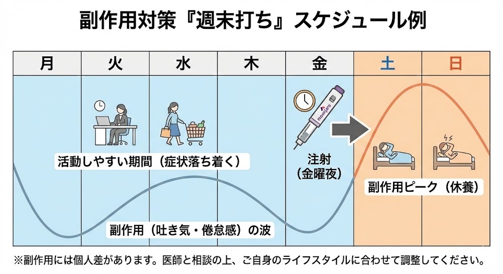 マンジャロの副作用ピークを考慮した週末打ちスケジュール例（金曜夜に注射し土日に休養）