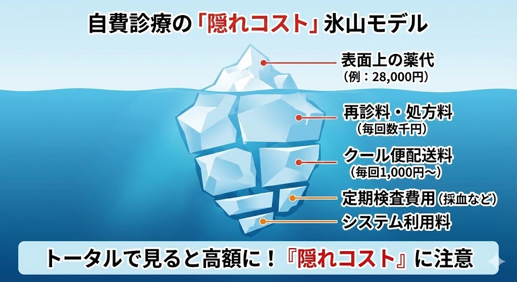 自費診療の「隠れコスト」氷山モデル。表面上の薬代(例:28,000円)以外に、再診料・処方料、クール便配送料、定期検査費用、システム利用料などの隠れコストがかかるためトータルで高額になる。