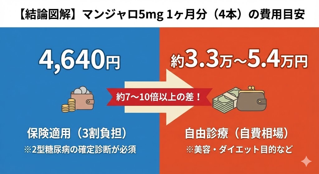 【結論図解】マンジャロ5mg 1ヶ月分(4本)の費用目安。保険適用(3割負担)は約4,640円、自由診療(自費相場)は約3.3万〜5.4万円。約7〜10倍以上の差がある。