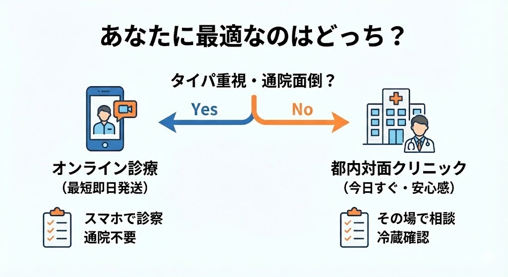 オンライン診療（タイパ重視・最短即日発送）と都内対面クリニック（今日すぐ欲しい・安心感）のどちらが最適かを判断するためのフローチャート図。
