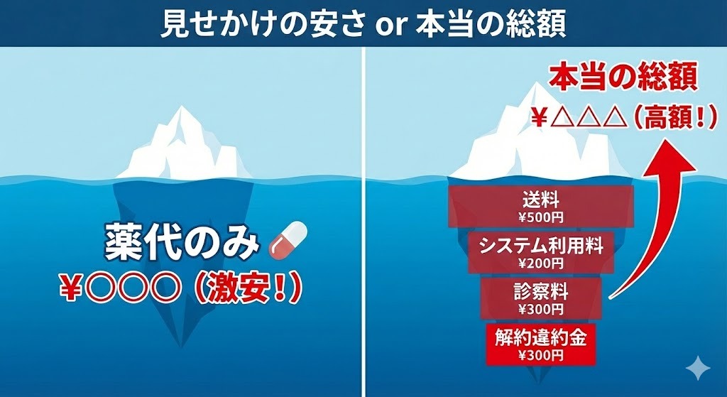 マンジャロの「見せかけの安さ（薬代のみ）」と、送料やシステム利用料を含めた「本当の総額（高額）」を比較した氷山の一角のような図解イラスト。