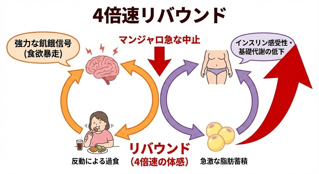 マンジャロの急な使用中止が引き起こす、食欲増進と代謝低下による「4倍速リバウンド」の悪循環メカニズム図