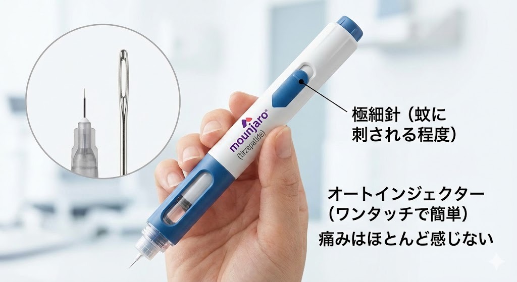 マンジャロのペン型注射器（オートインジェクター）の全体像と、先端の非常に細く短い針を拡大した様子。痛みへの不安を和らげるための写真。