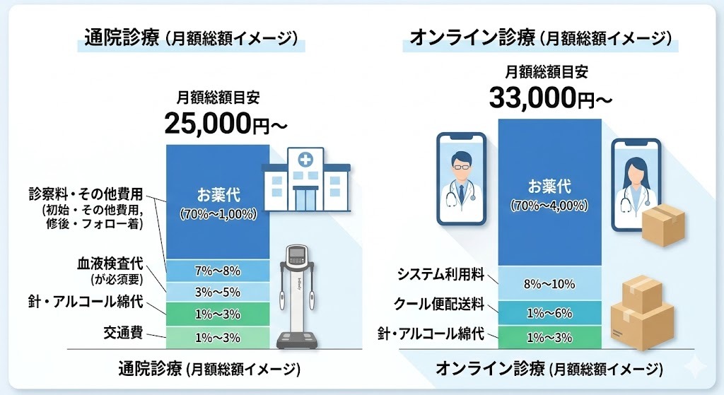 マンジャロ処方における通院診療とオンライン診療の月額総額費用の内訳を比較した積み上げ棒グラフ。通院は「お薬代・診察料・検査代・交通費」の積み上げとインボディアイコン、オンラインは「お薬代・システム利用料・クール便配送料」の積み上げを描写。総額イメージも大きく表示。