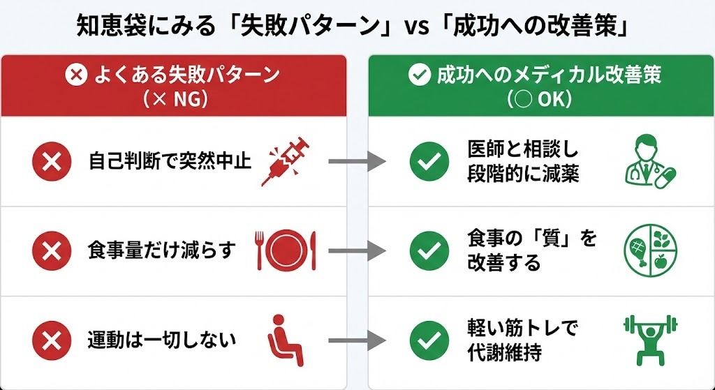 マンジャロ卒業時の「よくある失敗パターン（× NG）」と「成功へのメディカル改善策（○ OK）」の比較表。自己判断中止vs医師相談、食事量減少vs食事の質改善、運動不足vs軽い筋トレの対比。