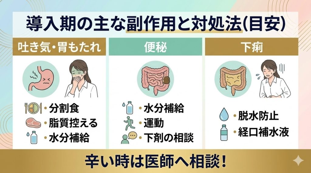 マンジャロ導入期の主な副作用（吐き気、便秘、下痢）と対処法（目安）インフォグラフィック。それぞれの症状と具体的な対処法を示す。