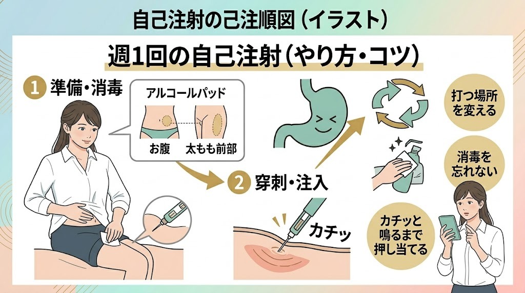 マンジャロ自己注射の手順（やり方・コツ）イラスト図解。準備・消毒（打つ場所の図含む）、穿刺・注入、確認の手順と失敗しないコツを示す。