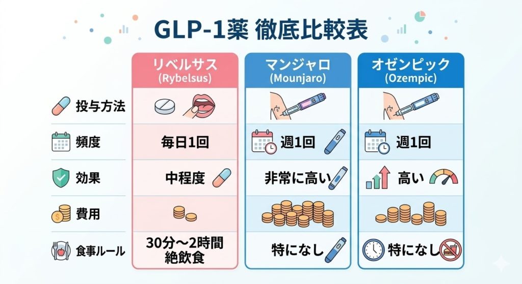 GLP-1受容体作動薬（リベルサス、マンジャロ、オゼンピック）の徹底比較表。投与方法（飲み薬vs注射）、頻度、減量効果の期待値、主な副作用、痛みの有無、食事制限のルール、月額費用の目安をアイコンとイラストで図解したインフォグラフィック。