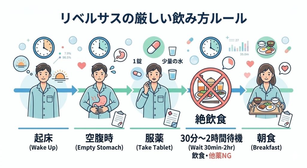 リベルサス（経口薬）の厳しい飲み方ルールを図解したタイムライン。起床後の完全な空腹時に、少量の水（120ml以下）で服用し、その後最低30分（できれば2時間）は飲食や他の薬の服用を避けるという、正しい服用の手順と注意点を示している。