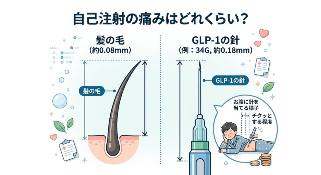 GLP-1受容体作動薬の注射針と髪の毛の太さを比較した図解。髪の毛（約0.08mm）に対し、GLP-1の針（例：34G、約0.18mm）は非常に細く、お腹に軽く針を当てる様子と「チクッとする程度」という文字で、痛みが少ないことを示している。