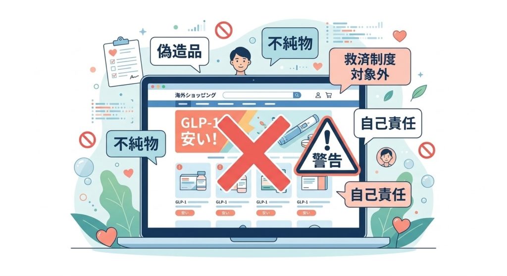 GLP-1受容体作動薬の個人輸入（海外通販）の危険性を警告するイラスト。PC画面に怪しげなサイトと大きな赤い×印、警告マーク、そして「偽造品」「不純物」「救済制度対象外」「自己責任」という文字で、安易な購入がいかに危険かを阻止している。
