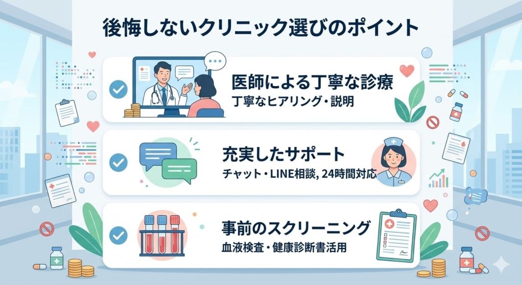 後悔しないクリニック選びのポイントを解説したイラスト。医師による丁寧なオンライン診療（ヒアリング・説明）、チャットやLINEによる充実したサポート（24時間対応）、血液検査や健康診断書の活用による事前のスクリーニングの重要性を、アイコンとイラストで示している。