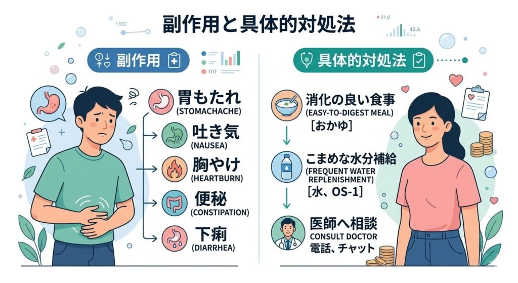 GLP-1ダイエットの副作用と具体的対処法をまとめたイラスト。左側の副作用（胃もたれ、吐き気、胸やけ、便秘、下痢、困り顔の人物）に対し、右側の対処法（消化の良い食事、こまめな水分補給、医師へ相談、笑顔の人物）をアイコンとイラストで解説している。