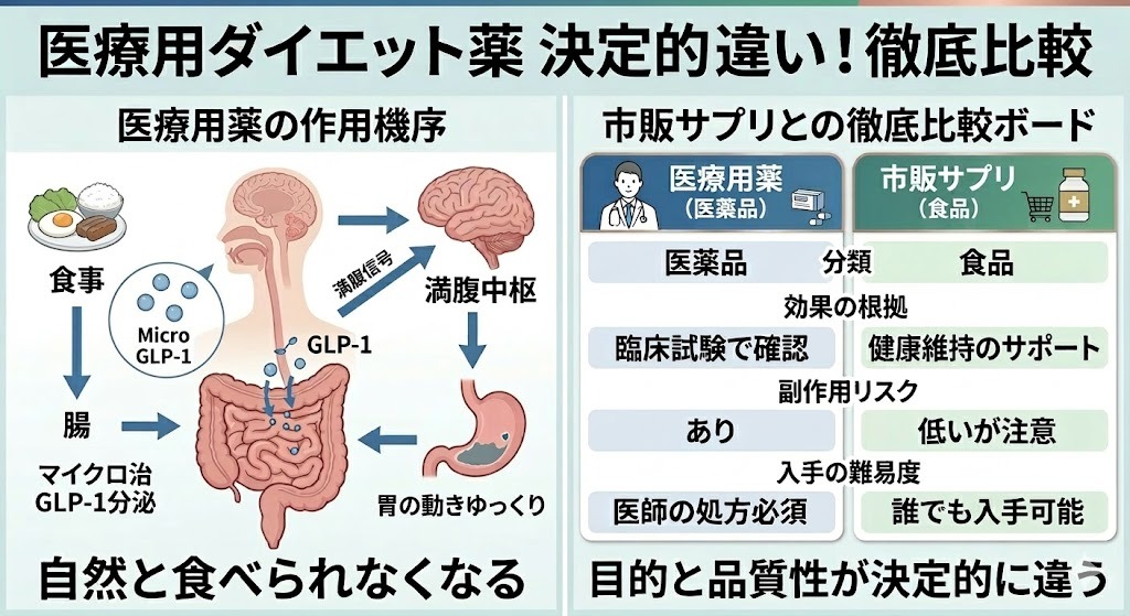 医療用ダイエット薬（GLP-1受容体作動薬）が痩せる仕組み（脳の満腹中枢と胃への作用）と、市販の減量サポートサプリメント（食品）との決定的な違い（分類、効果の根拠、入手の難易度など）を比較したインフォグラフィック。医師の処方が必要な医薬品としての専門性と安全性を強調。