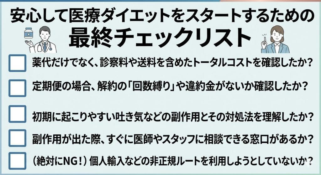 医療用ダイエット薬を始める前に必ず確認すべき、トータルコスト（薬代・診察料・送料）、定期便の解約縛りや違約金、初期副作用（吐き気など）とその対処法、相談窓口、個人輸入（海外通販）の絶対NGなど、安心してスタートするための最終チェックリスト。