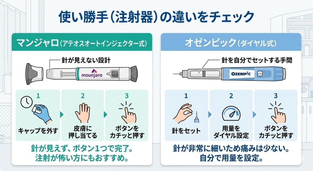 マンジャロ（アテオス）とオゼンピック（ダイヤル式）の注射器の形状と使い方の比較。キャップを外して皮膚に押し当てるだけのマンジャロと、針をセットしてダイヤル設定するオゼンピックの違いを解説。