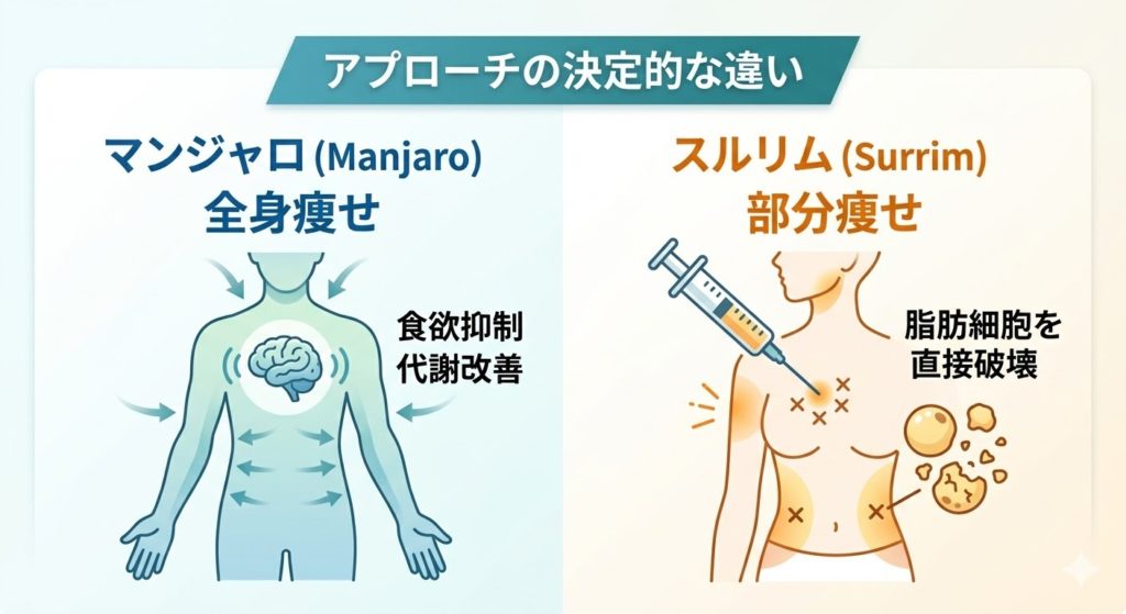 マンジャロ(全身痩せ)とスルリム(部分痩せ)のアプローチの決定的な違いを示す図解