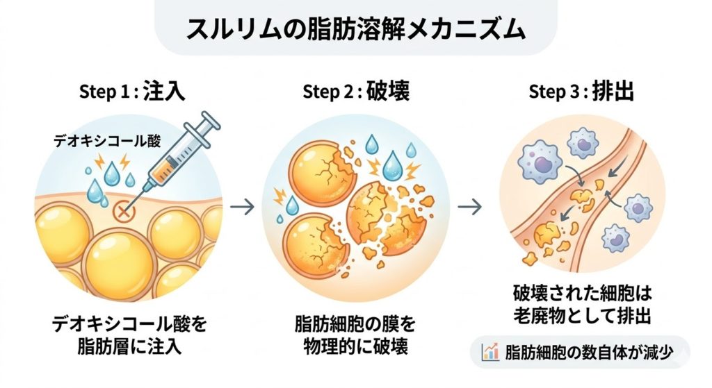 デオキシコール酸が脂肪細胞の膜を物理的に破壊し、老廃物として体外へ排出させるスルリムのメカニズム図解