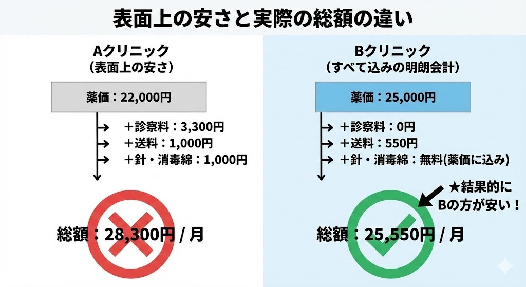 表面上の薬価と実際の総額の違いを比較した図解。Aクリニックは見せかけの安さだが総額は高く、Bクリニックは薬価は高いが総額は安いことを示す。