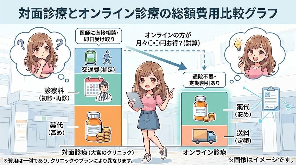 大宮のクリニック(対面診療)とオンライン診療におけるリベルサス処方の総額費用比較グラフ。薬代・診察料・配送料・交通費の内訳と費用差をわかりやすく解説した図解。