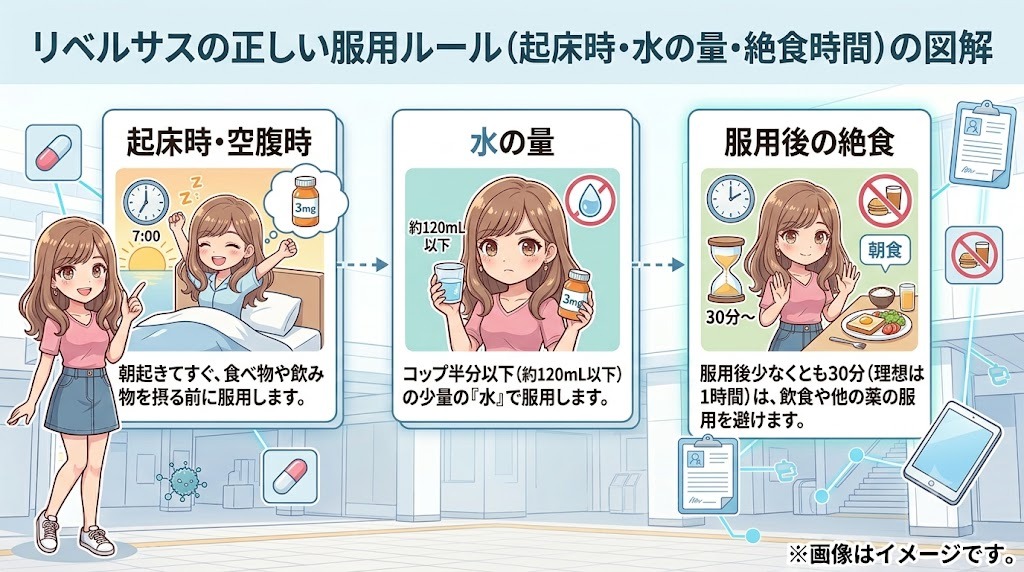 リベルサスの正しい飲み方と服用ルール(起床直後の空腹時・120mL以下の少量の水・服用後30分以上の絶食)を解説した3ステップの図解イラスト。