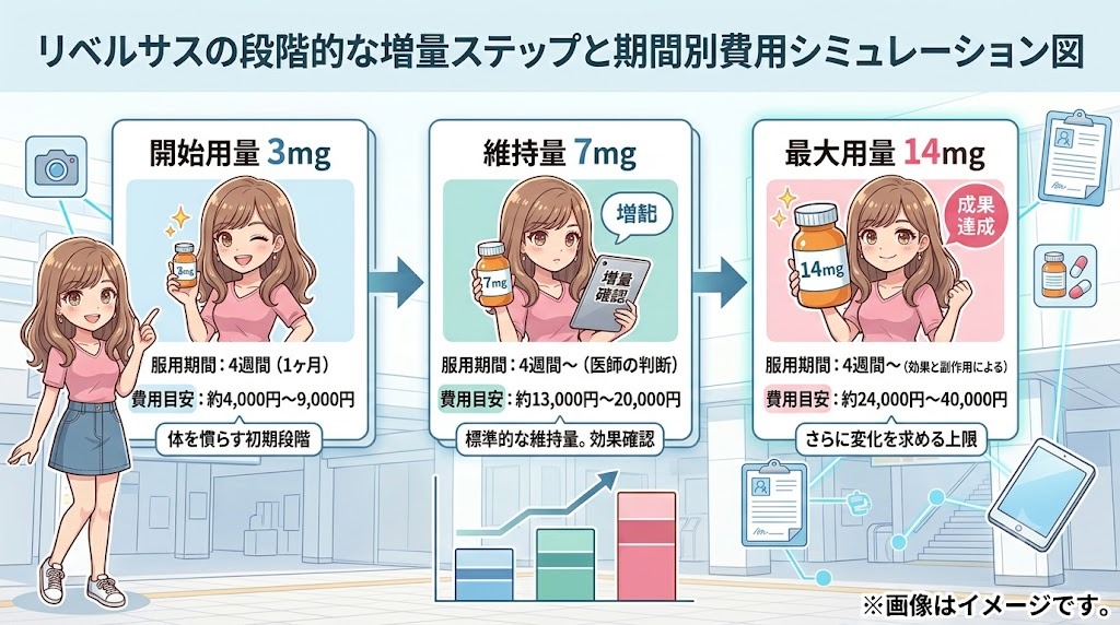 リベルサス処方の段階的な増量ステップ(3mg・7mg・14mg)と服用期間・月額費用のシミュレーション図。初期導入から維持量までの移行流れと費用目安の図解。