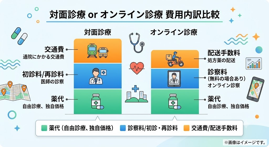 「対面診療 or オンライン診療 費用内訳比較」をタイトルとしたインフォグラフィック。薬代(自由診療・独自価格)、診察料(初診料・再診料または無料あり)、および交通費や配送手数料の内訳を、医師や乗り物のアイコンとともに比較する積層棒グラフ。