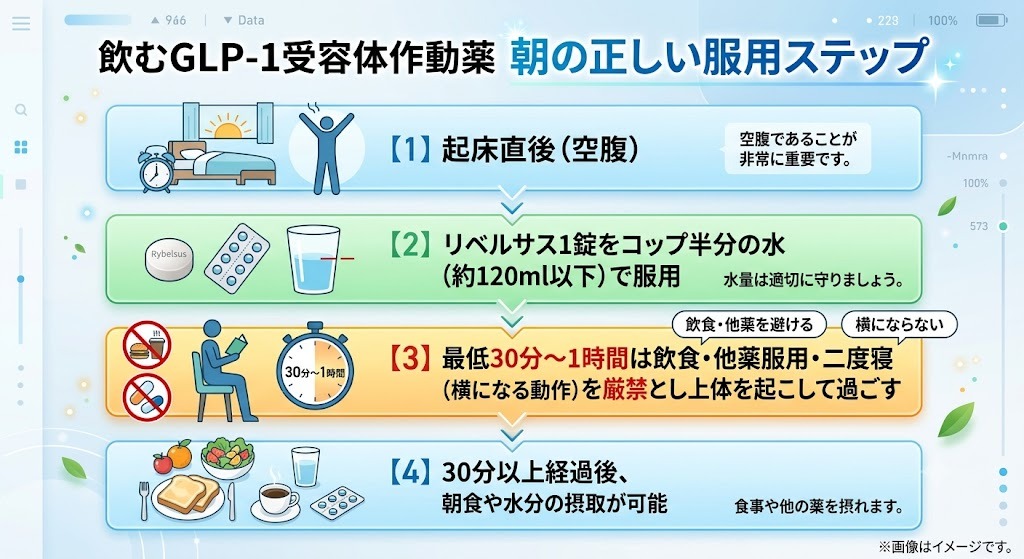 飲むGLP-1受容体作動薬リベルサスの朝の正しい服用ステップ図解。起床直後の空腹時にコップ半分の水で1錠服用し、最低30分〜1時間は飲食・他薬・横になるのを避け、その後朝食を摂る手順