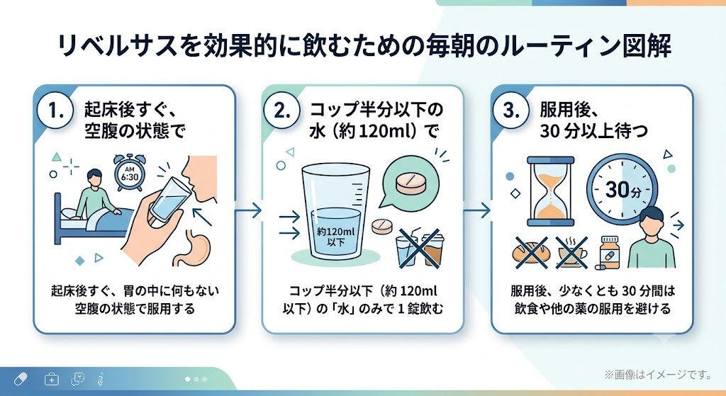 リベルサスを効果的に飲むための毎朝のルーティン図解：1. 起床後すぐ空腹の状態で服用、2. コップ半分以下（約120ml以下）の水のみで1錠飲む、3. 服用後少なくとも30分間は飲食や他の薬の服用を避ける 