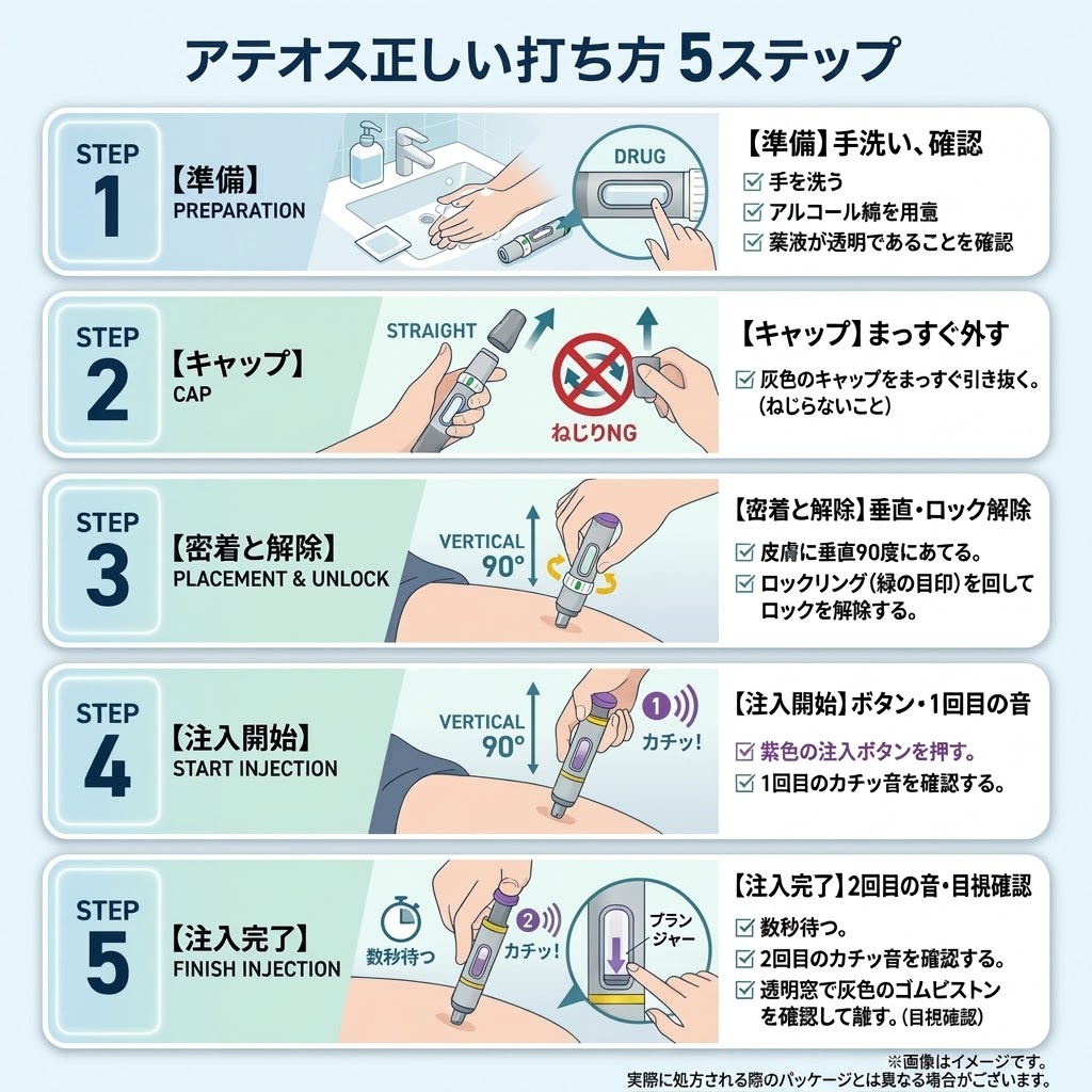 マンジャロ（アテオス）の正しい自己注射手順5ステップ（準備・キャップ・密着・1回目カチッ音・2回目カチッ音確認）